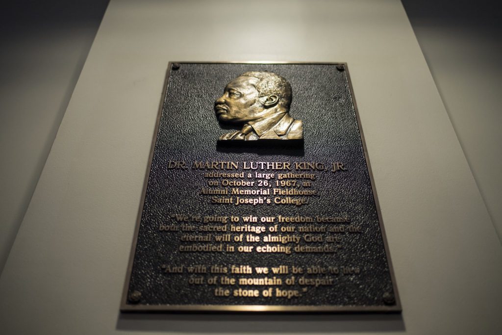 This commemorative plaque hangs at the entrance of Hagan Arena, the location where Dr. King spoke in 1967 and where John Lewis spoke in April 2018.